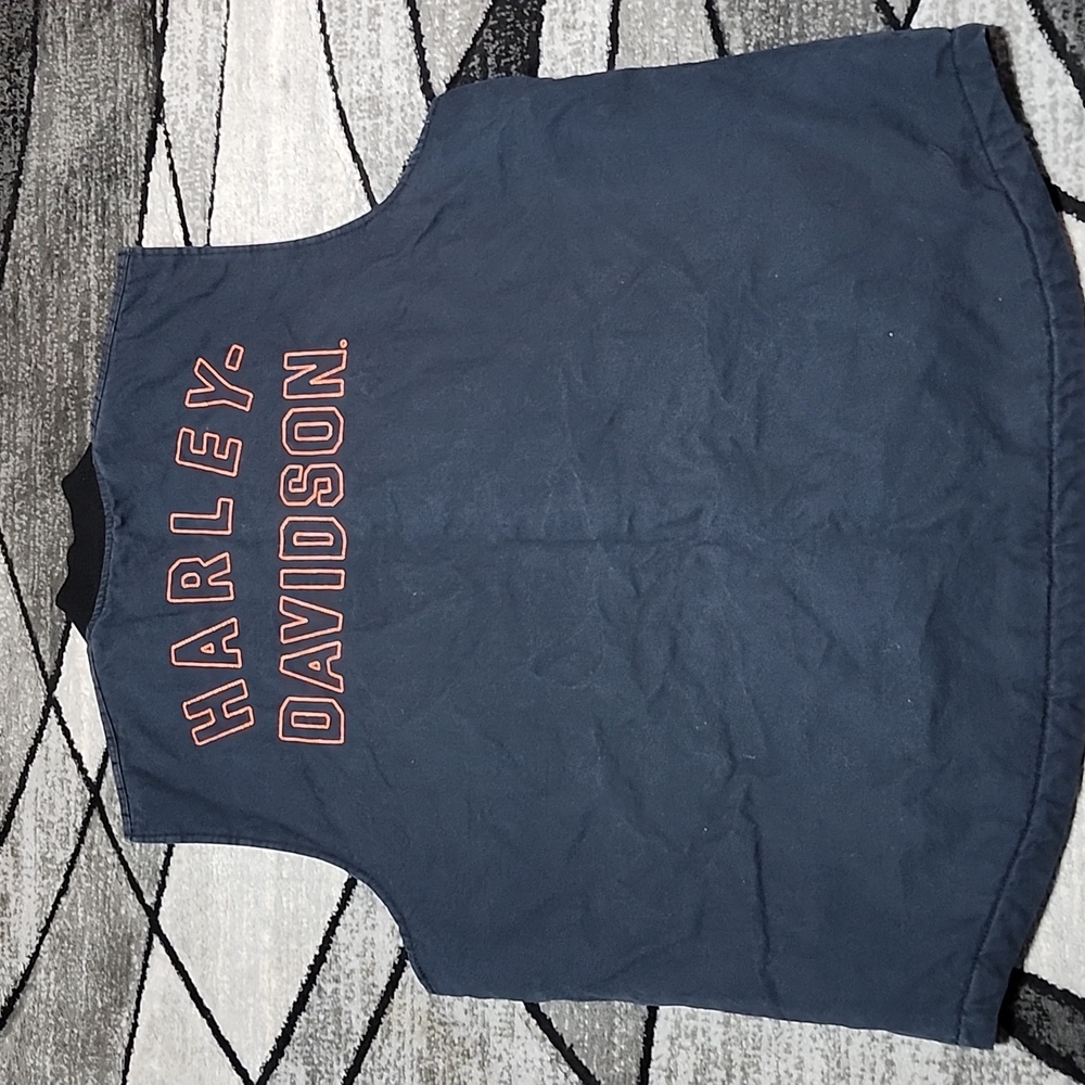 HARLEY DAVIDSON EMBROIDERED BLACK CANVAS FULL-ZIP SNAP-BUTTON QUILTED VEST